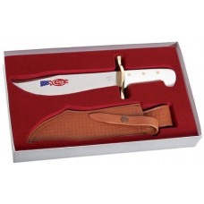 Bowie White Synthetic Handle with Blade Artwork and Leather Sheath  